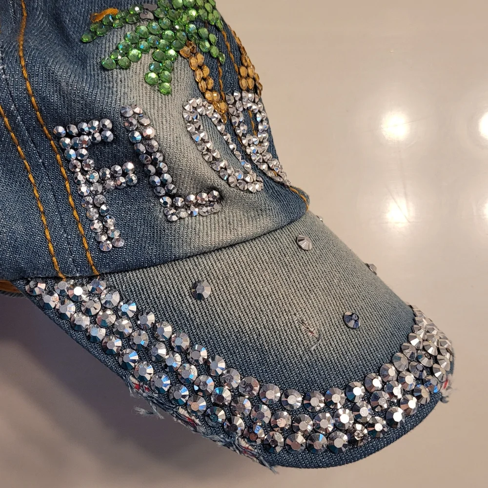 Florida Palm Trees Bedazzled Vintage Look Denim Asjustable Adult Ball Cap